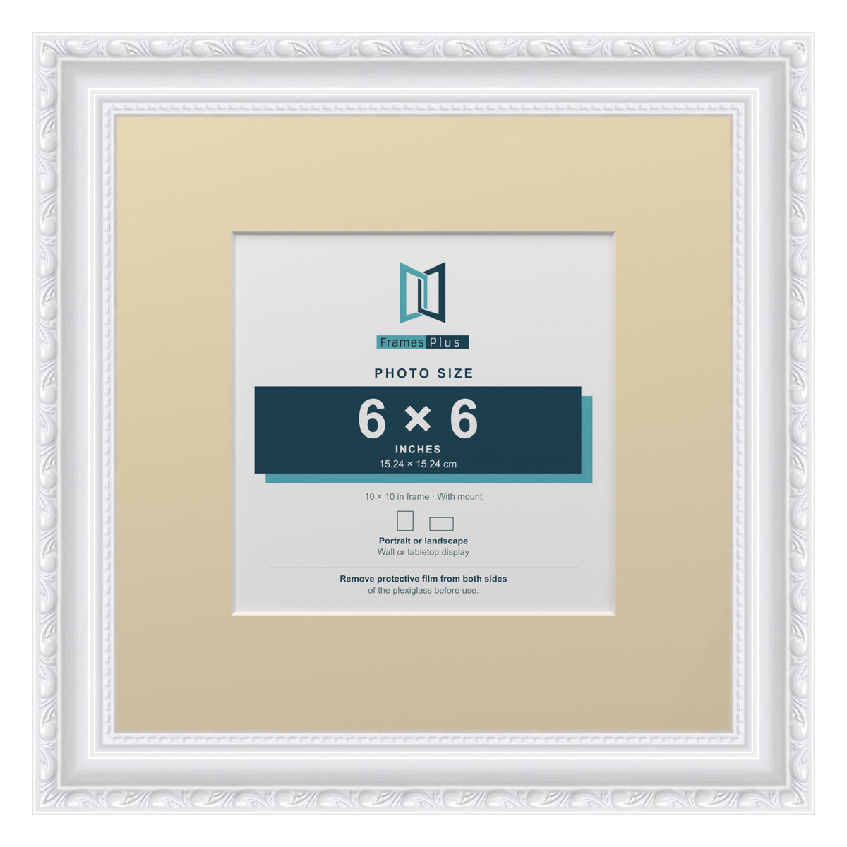 Louis Range White Picture, Photo & Poster Frame with Ivory Mount - 10x10" Frame for 6x6" Photo, White