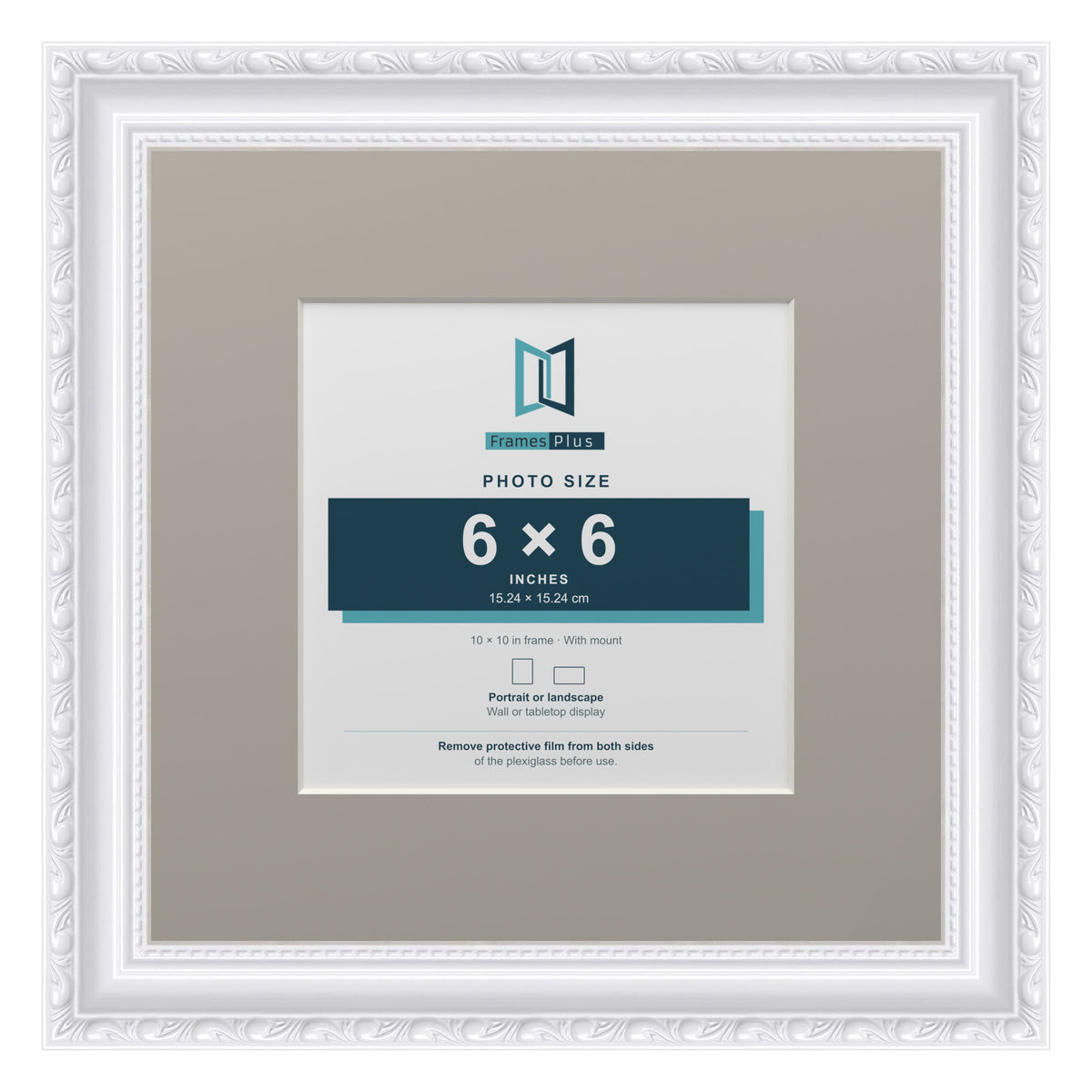Louis Range White Picture, Photo & Poster Frame with Dawn Grey Mount - 10x10" Frame for 6x6" Photo, White