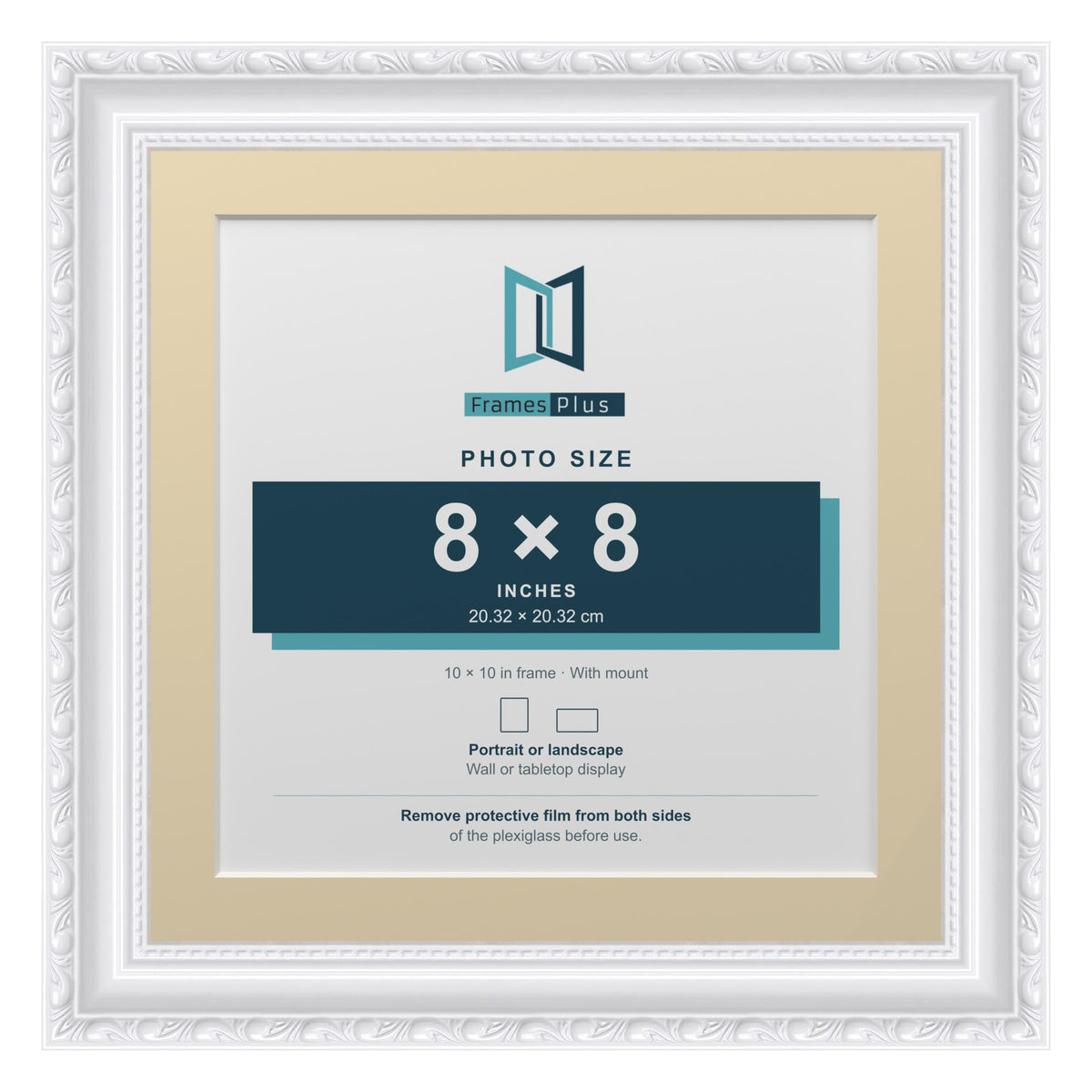 Louis Range White Picture, Photo & Poster Frame with Ivory Mount - 10x10" Frame for 8x8" Photo, White
