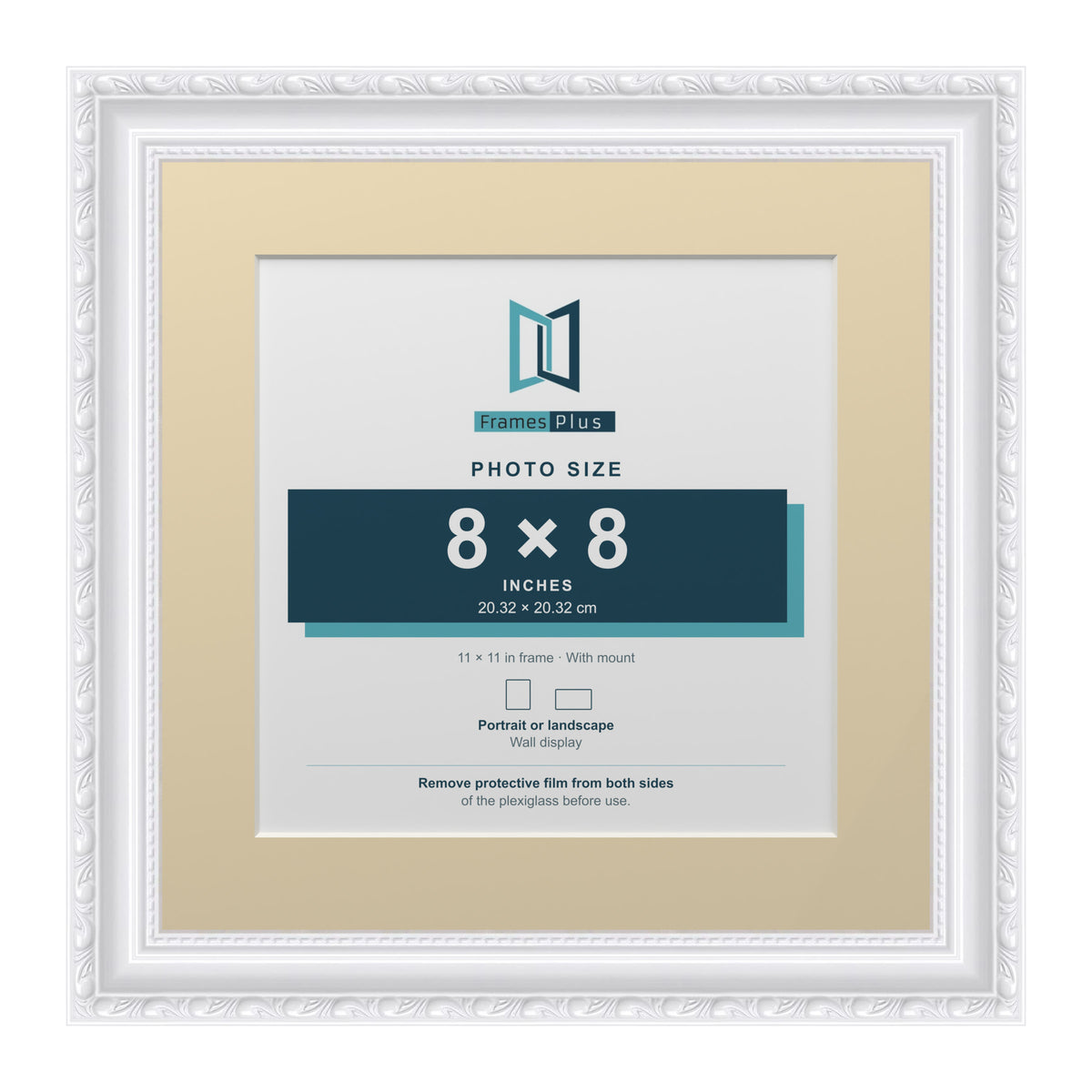 Louis Range White Picture, Photo & Poster Frame with Ivory Mount - 11x11" Frame for 8x8" Photo, White