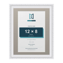Louis Range White Picture, Photo & Poster Frame with Dawn Grey Mount - 14x11" Frame for 12x8" Photo, White