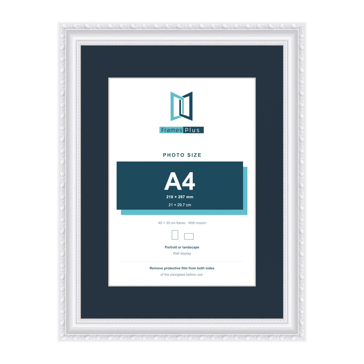 Louis Range White Picture, Photo & Poster Frame with Pacific Blue Mount - 40x30cm Frame for A4 Photo, White