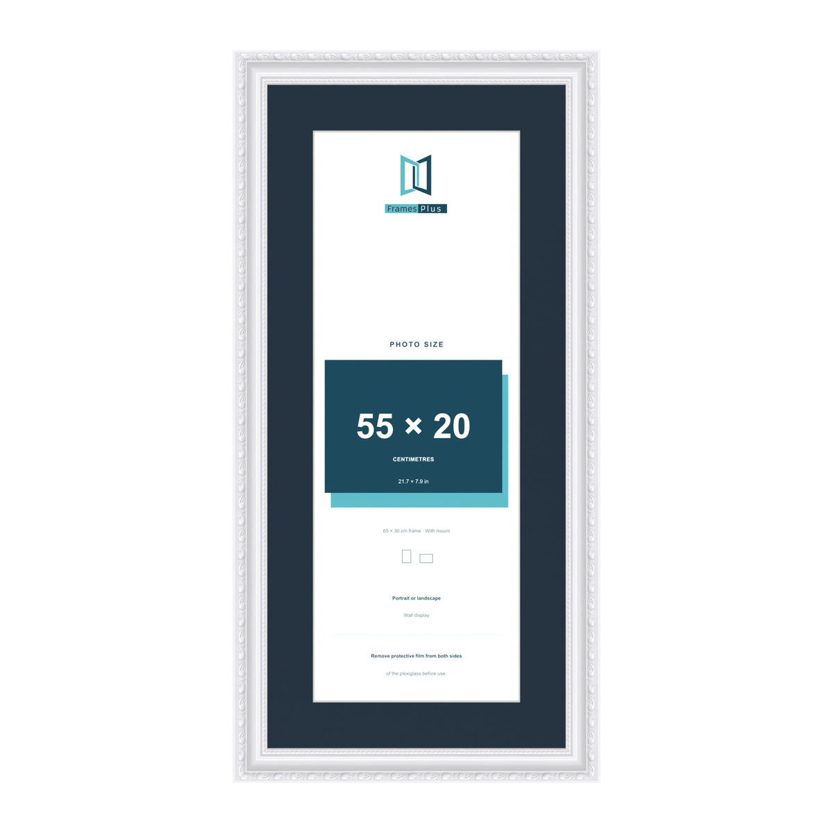 Louis Range White Picture, Photo & Poster Frame with Pacific Blue Mount - 65x30cm Frame for 55x20cm Photo, White