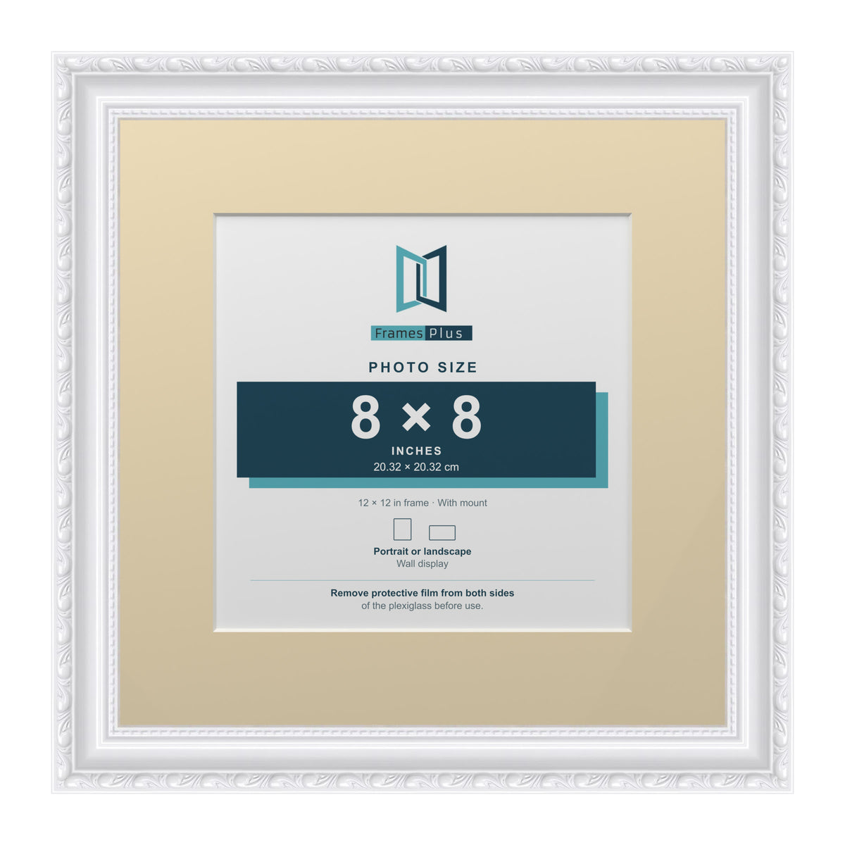 Louis Range White Picture, Photo & Poster Frame with Ivory Mount - 12x12" Frame for 8x8" Photo, White