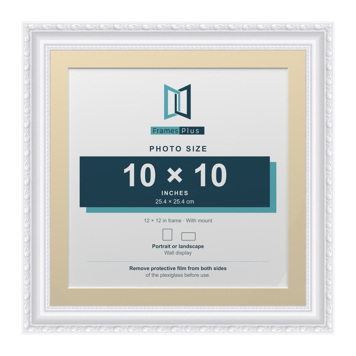 Louis Range White Picture, Photo & Poster Frame with Ivory Mount - 12x12" Frame for 10x10" Photo, White