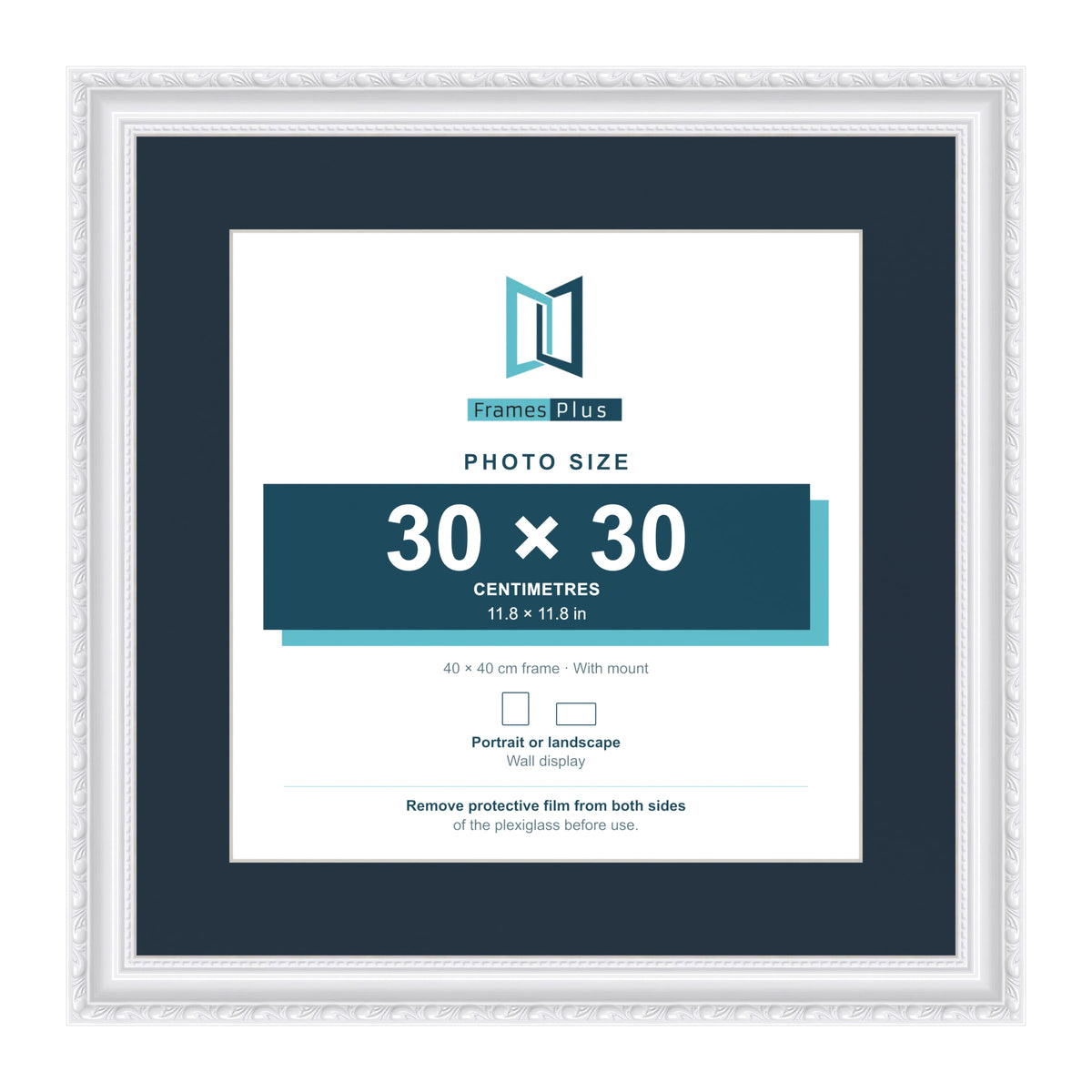 Louis Range White Picture, Photo & Poster Frame with Pacific Blue Mount - 40x40cm Frame for 30x30cm Photo, White