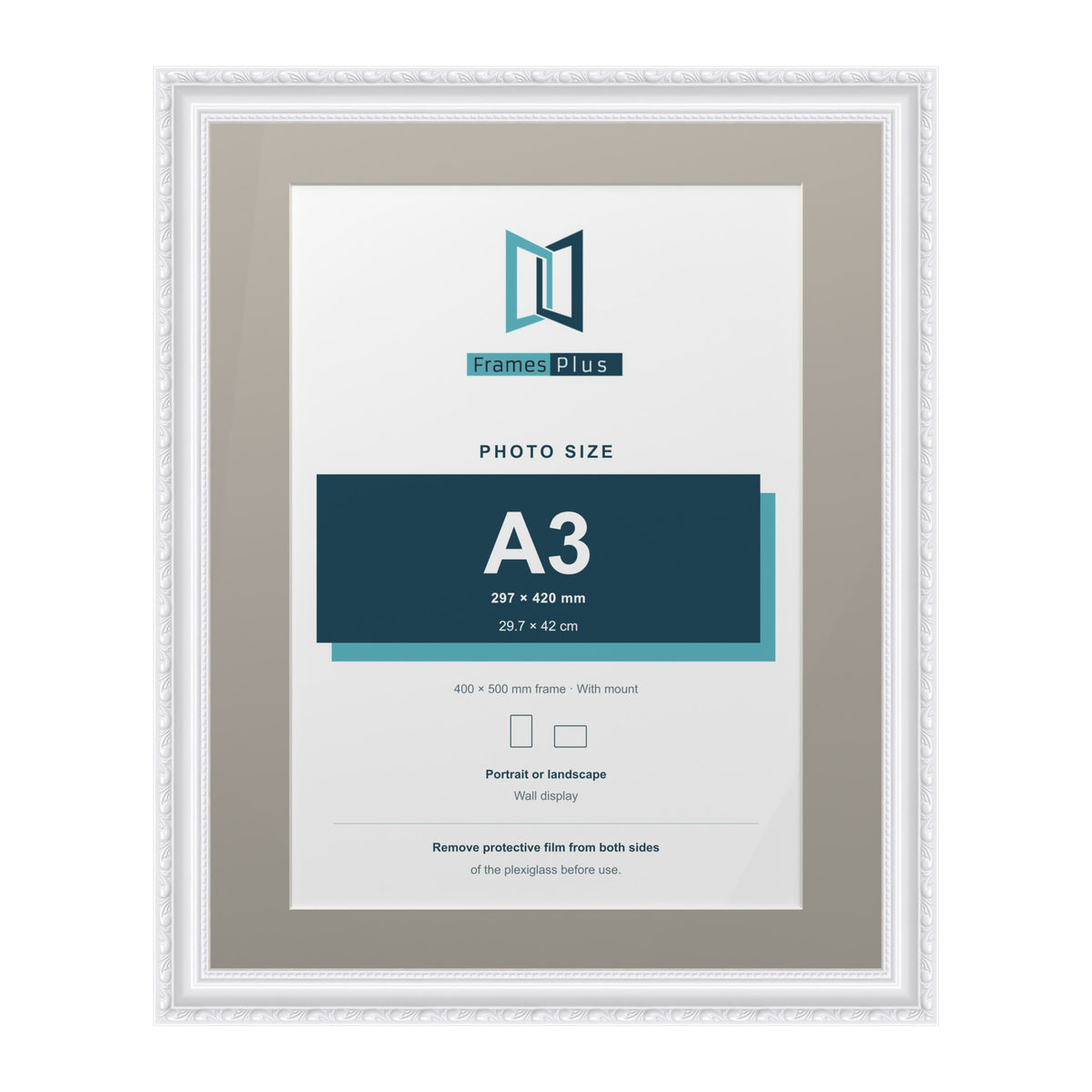 Louis Range White Picture, Photo & Poster Frame with Dawn Grey Mount - 50x40cm Frame for A3 Photo, White