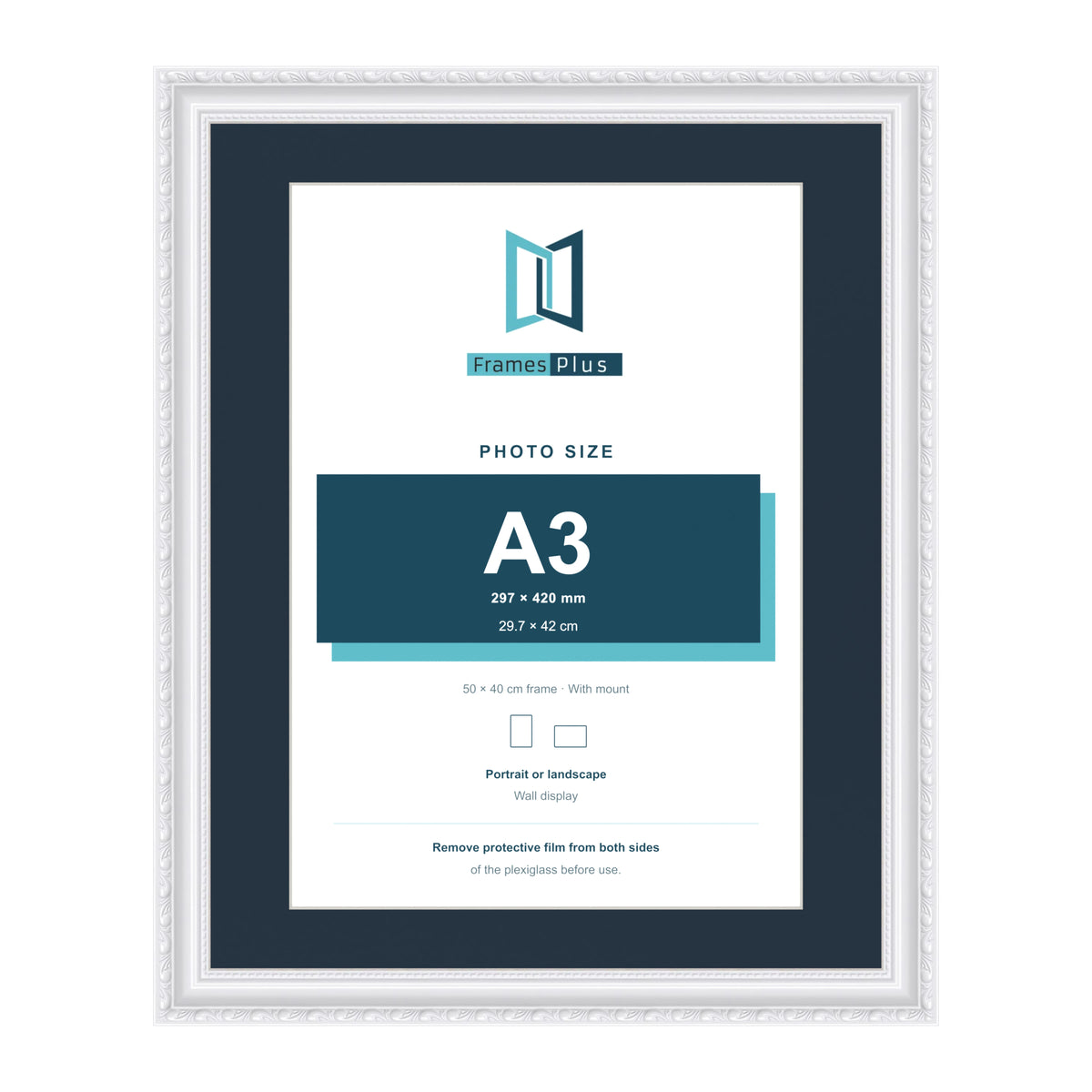 Louis Range White Picture, Photo & Poster Frame with Pacific Blue Mount - 50x40cm Frame for A3 Photo, White