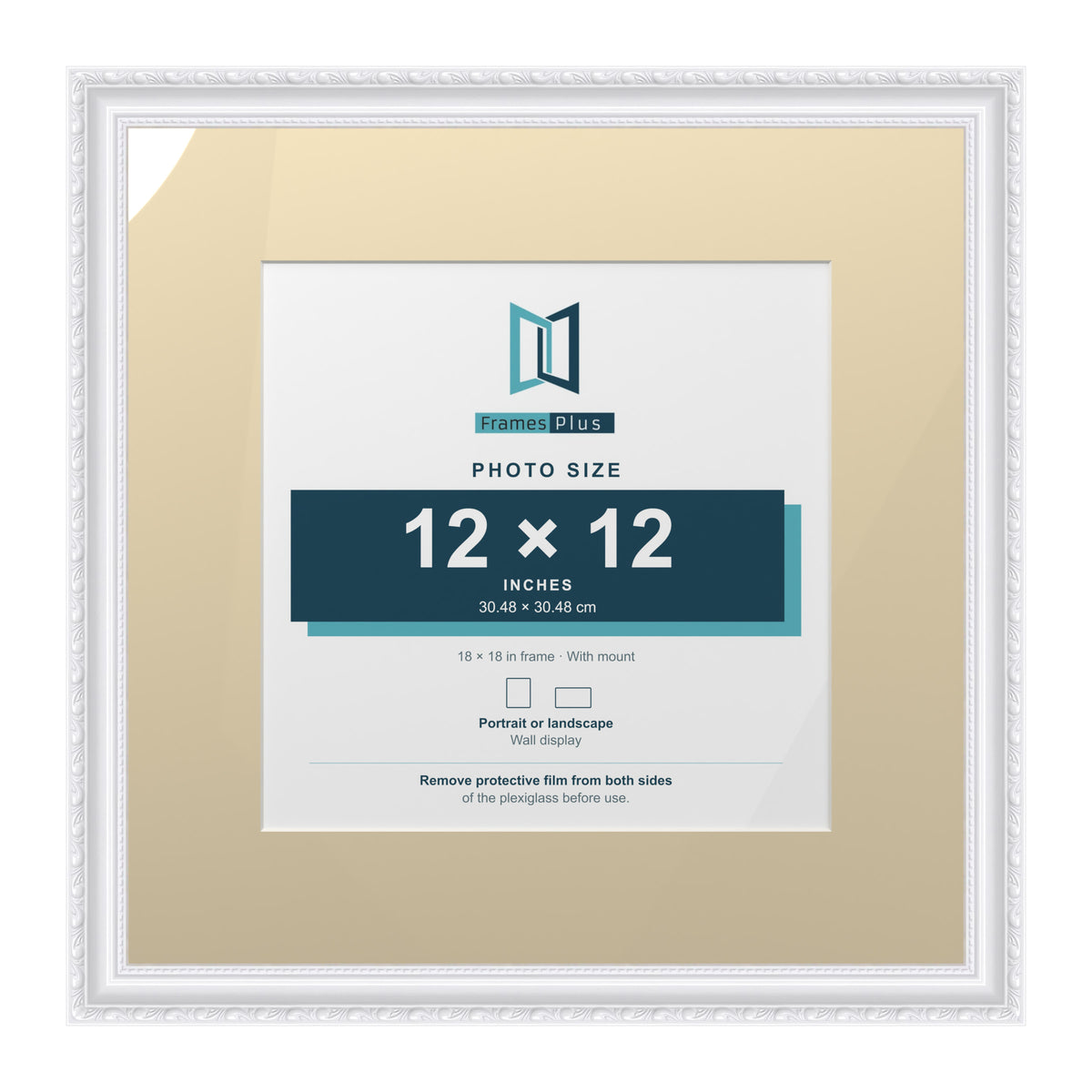 Louis Range White Picture, Photo & Poster Frame with Ivory Mount - 18x18" Frame for 12x12" Photo, White