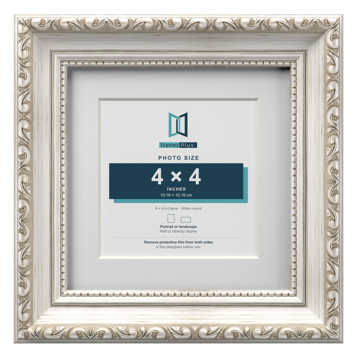 Louis Range Silver Picture, Photo & Poster Frame with White Mount - 6x6" Frame for 4x4" Photo, Silver