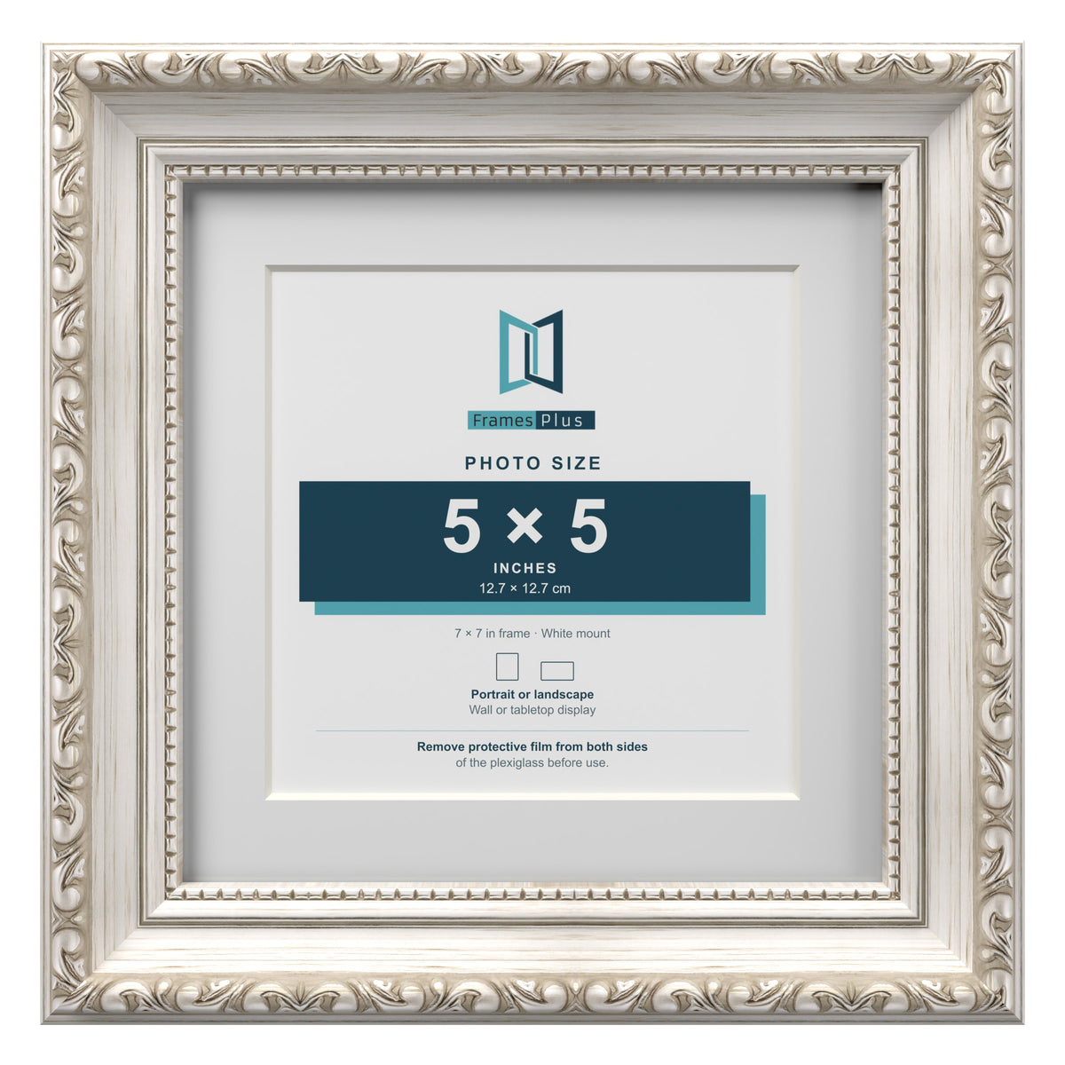 Louis Range Silver Picture, Photo & Poster Frame with White Mount - 7x7" Frame for 5x5" Photo, Silver