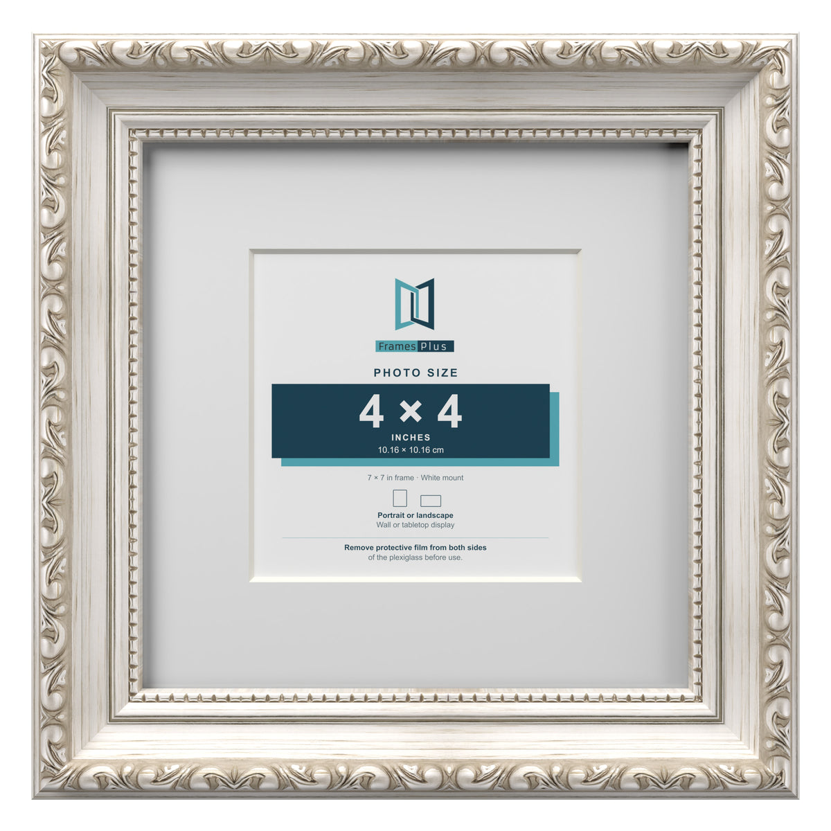 Louis Range Silver Picture, Photo & Poster Frame with White Mount - 7x7" Frame for 4x4" Photo, Silver