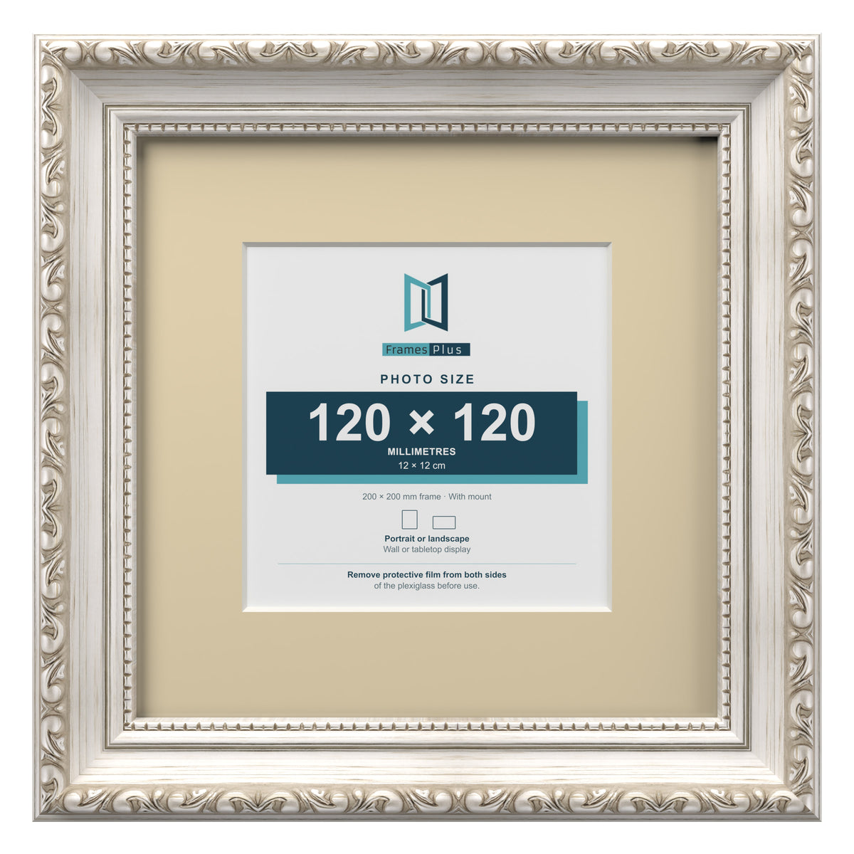 Louis Range Silver Picture, Photo & Poster Frame with Ivory Mount - 20x20cm Frame for 12x12cm Photo, Silver