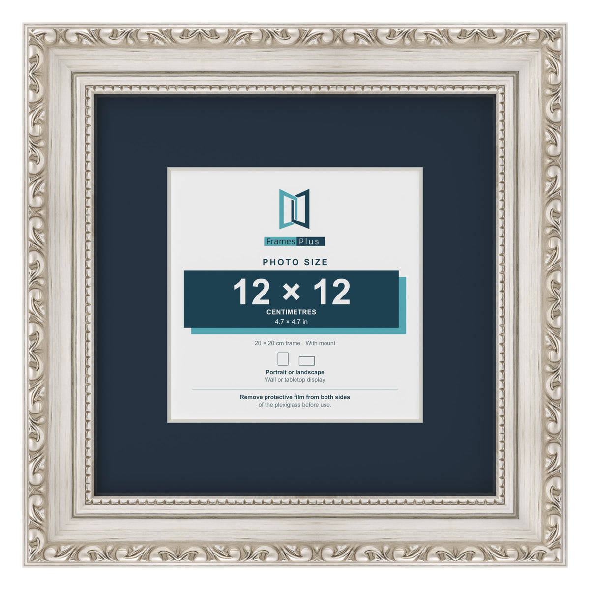 Louis Range Silver Picture, Photo & Poster Frame with Pacific Blue Mount - 20x20cm Frame for 12x12cm Photo, Silver