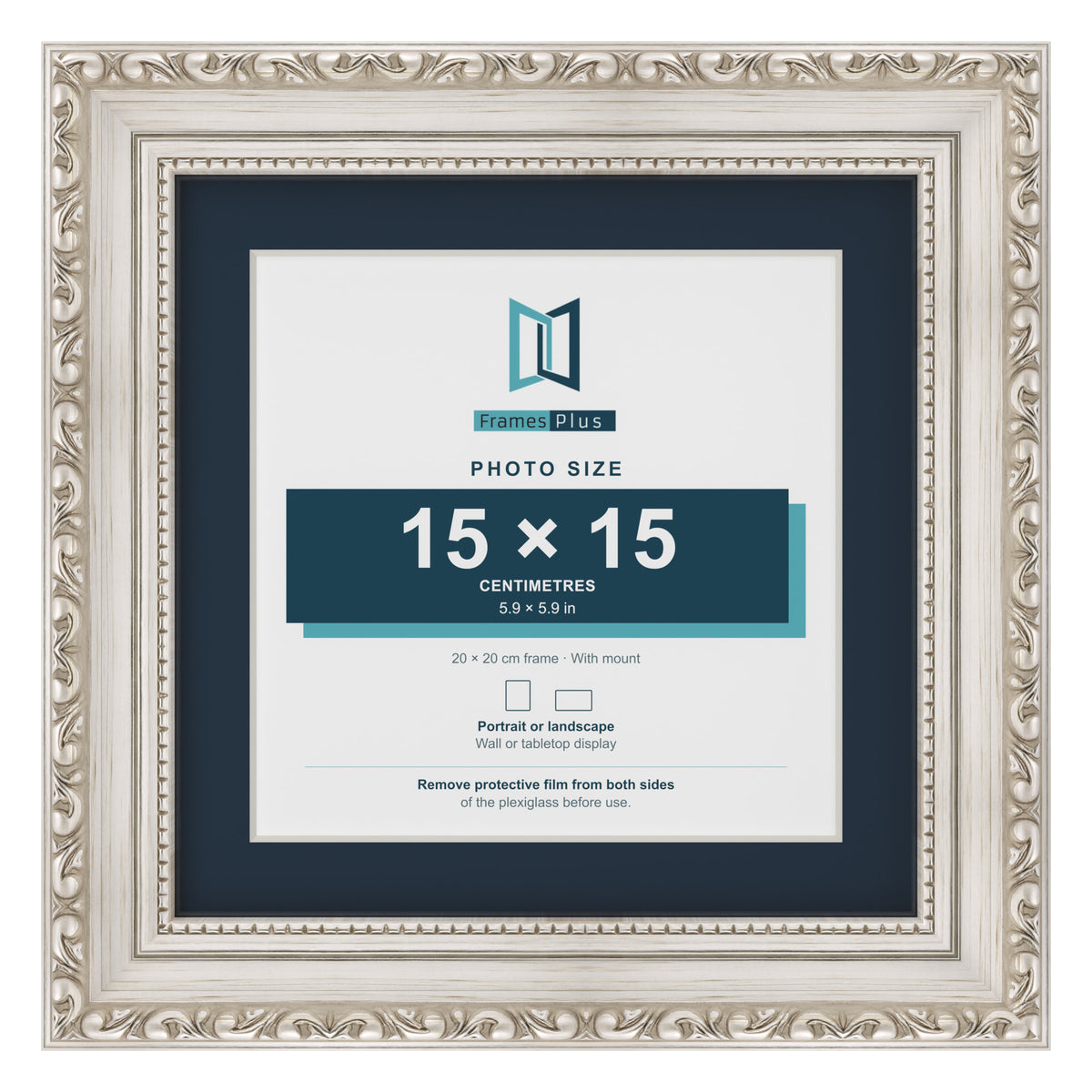 Louis Range Silver Picture, Photo & Poster Frame with Pacific Blue Mount - 20x20cm Frame for 15x15cm Photo, Silver