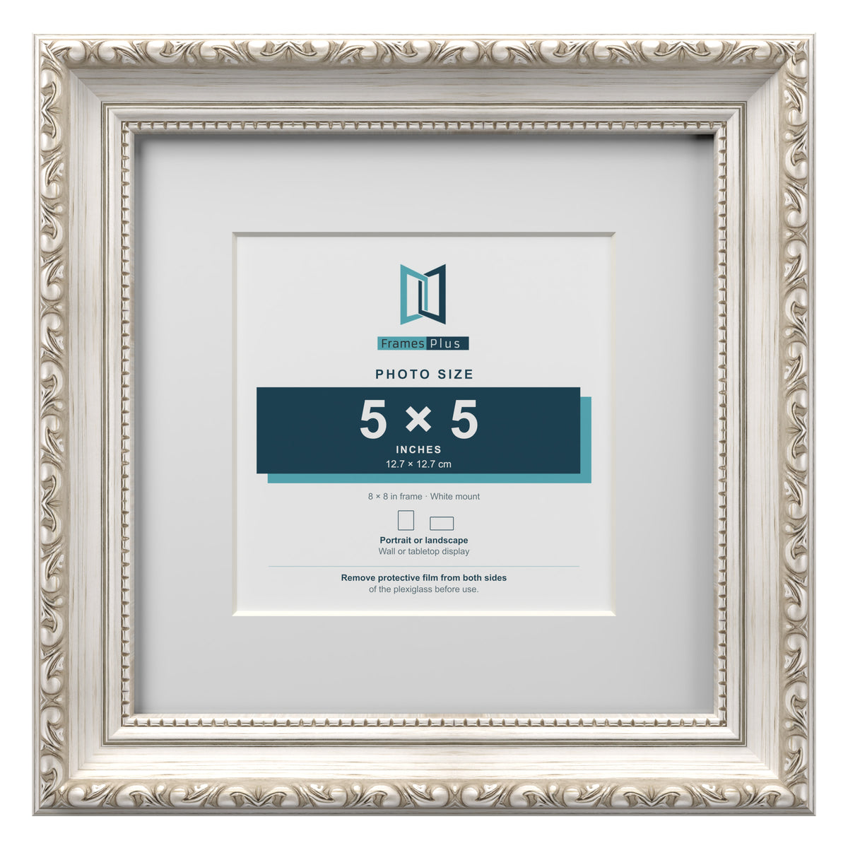 Louis Range Silver Picture, Photo & Poster Frame with White Mount - 8x8" Frame for 5x5" Photo, Silver