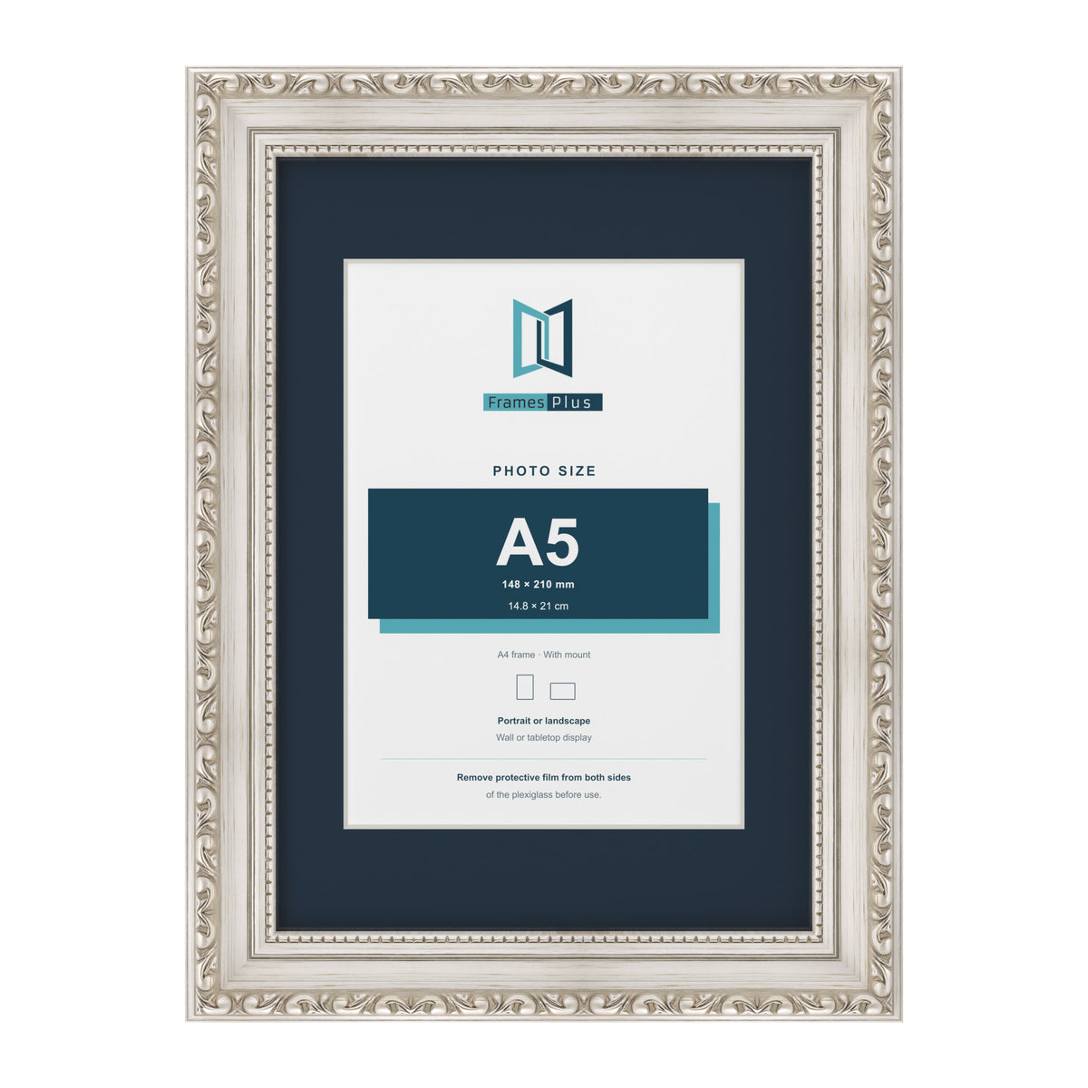 Louis Range Silver Picture, Photo & Poster Frame with Pacific Blue Mount - A4 Frame for A5 Photo, Silver