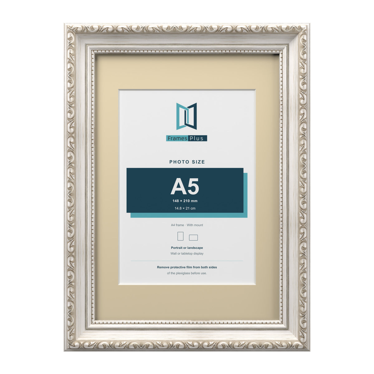 Louis Range Silver Picture, Photo & Poster Frame with Ivory Mount - A4 Frame for A5 Photo, Silver