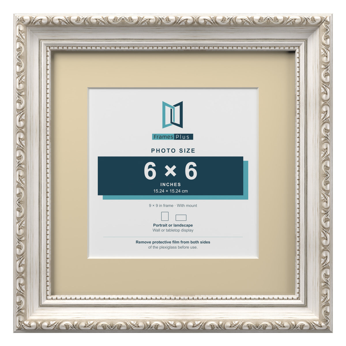 Louis Range Silver Picture, Photo & Poster Frame with Ivory Mount - 9x9" Frame for 6x6" Photo, Silver