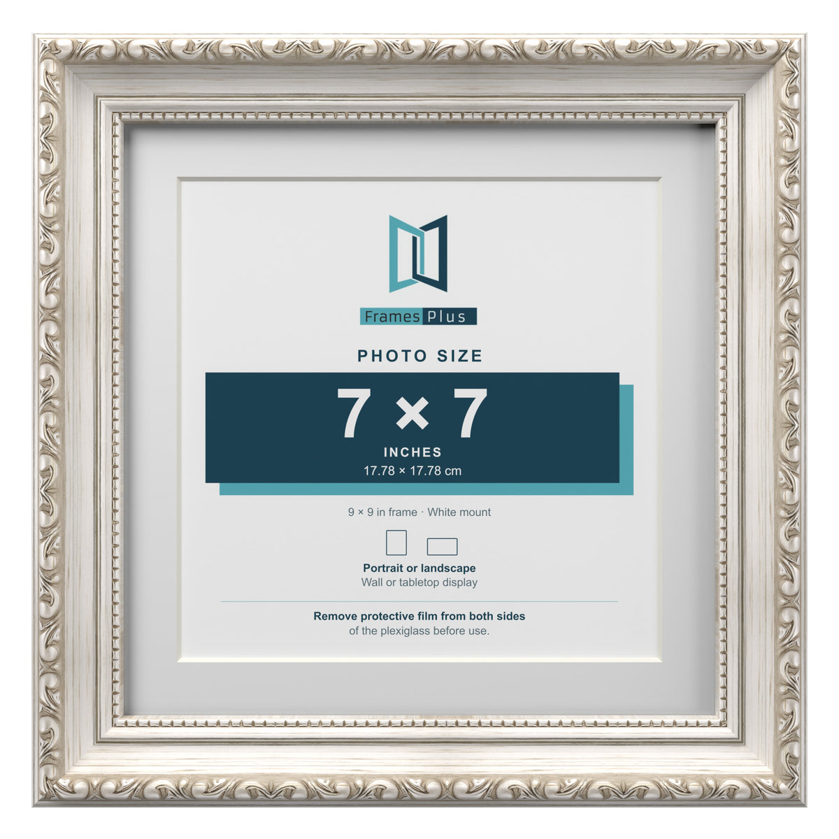 Louis Range Silver Picture, Photo & Poster Frame with White Mount - 9x9" Frame for 7x7" Photo, Silver