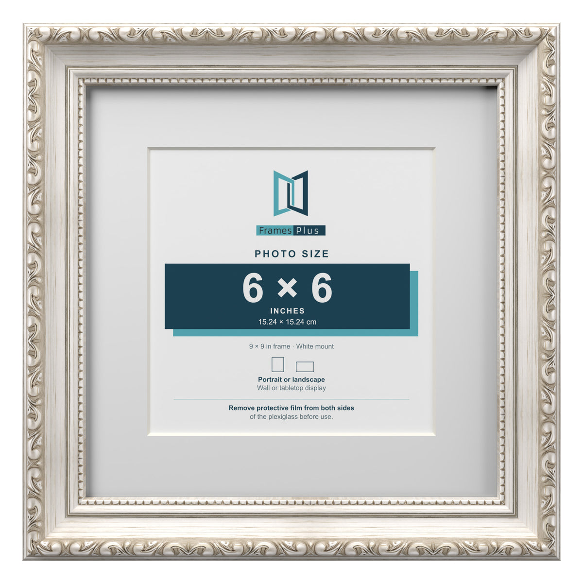 Louis Range Silver Picture, Photo & Poster Frame with White Mount - 9x9" Frame for 6x6" Photo, Silver