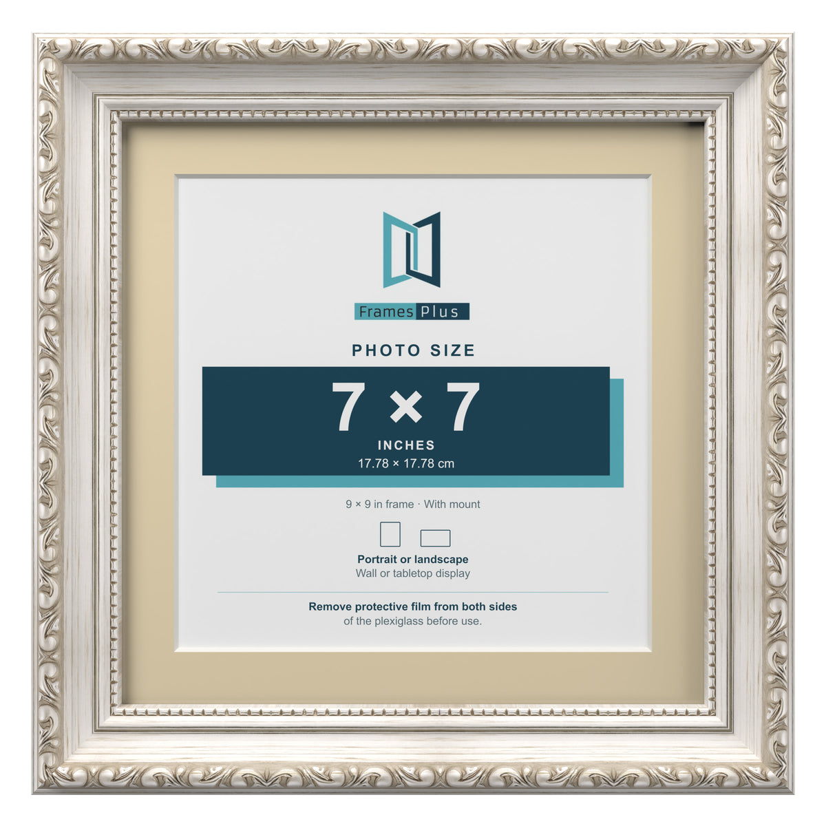 Louis Range Silver Picture, Photo & Poster Frame with Ivory Mount - 9x9" Frame for 7x7" Photo, Silver