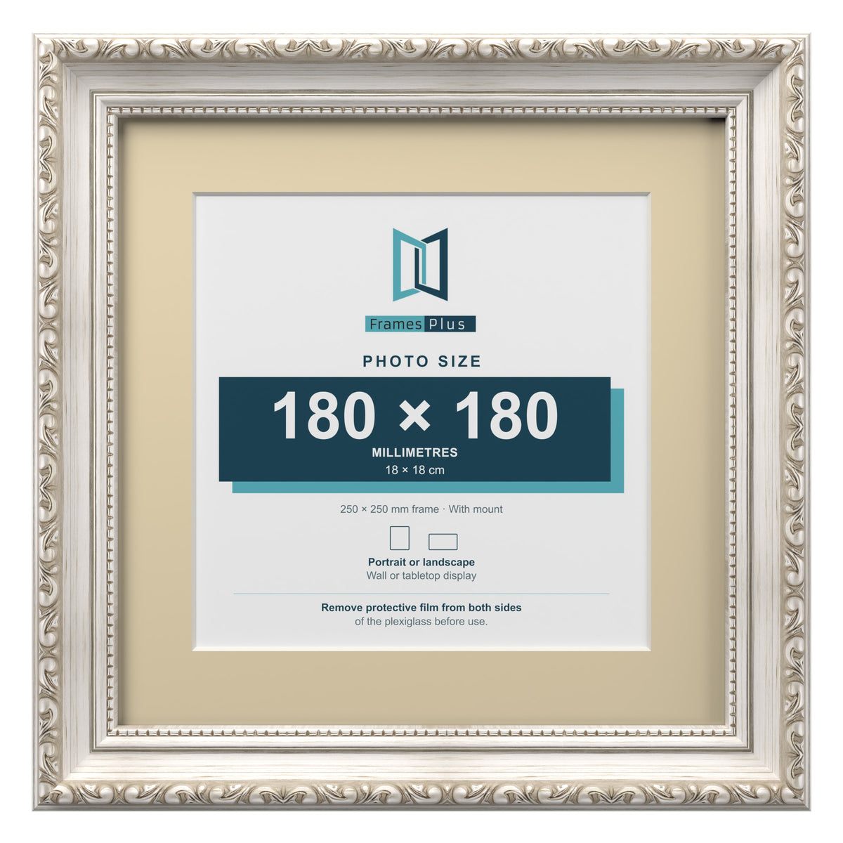 Louis Range Silver Picture, Photo & Poster Frame with Ivory Mount - 25x25cm Frame for 18x18cm Photo, Silver