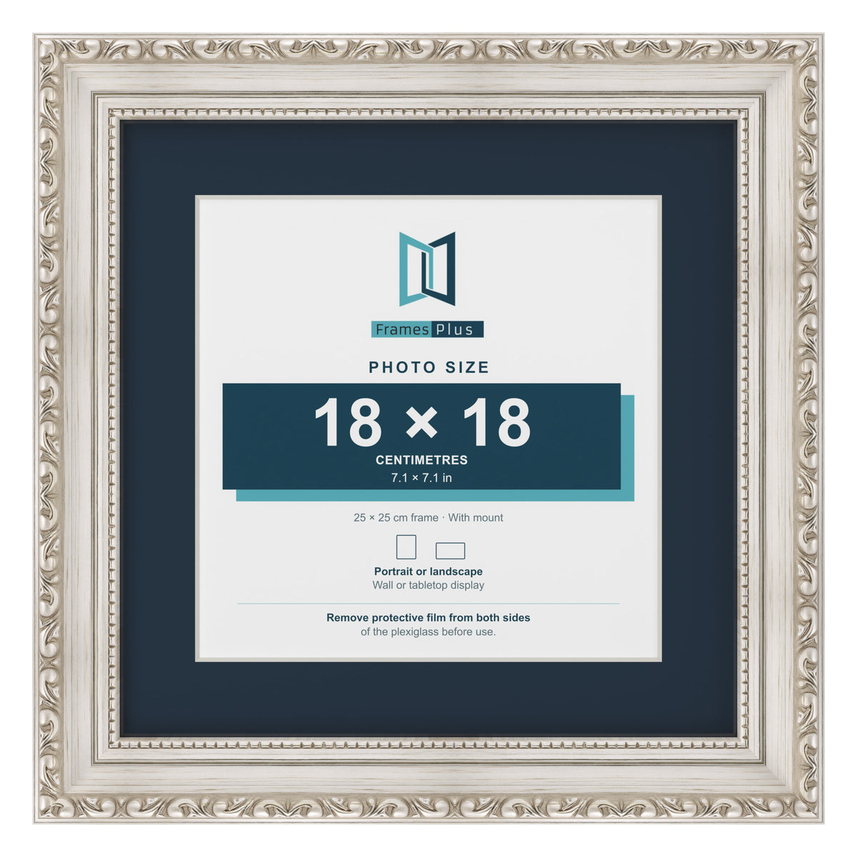 Louis Range Silver Picture, Photo & Poster Frame with Pacific Blue Mount - 25x25cm Frame for 18x18cm Photo, Silver