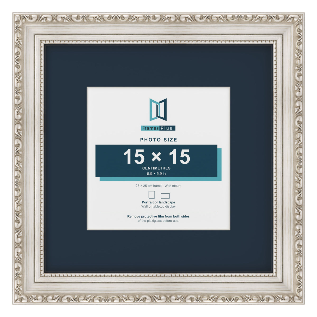 Louis Range Silver Picture, Photo & Poster Frame with Pacific Blue Mount - 25x25cm Frame for 15x15cm Photo, Silver
