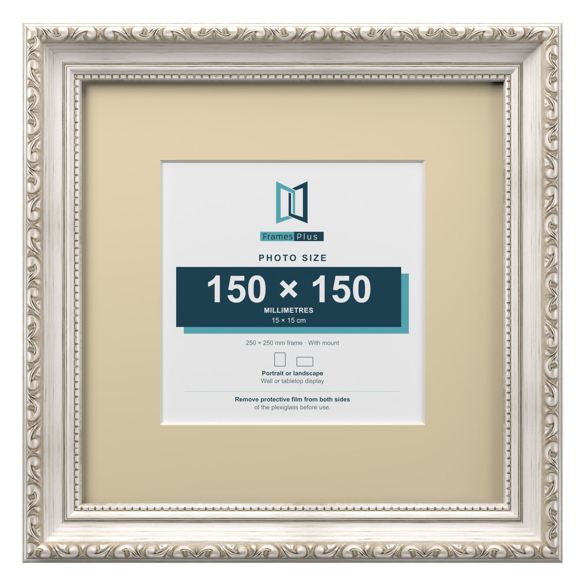 Louis Range Silver Picture, Photo & Poster Frame with Ivory Mount - 25x25cm Frame for 15x15cm Photo, Silver