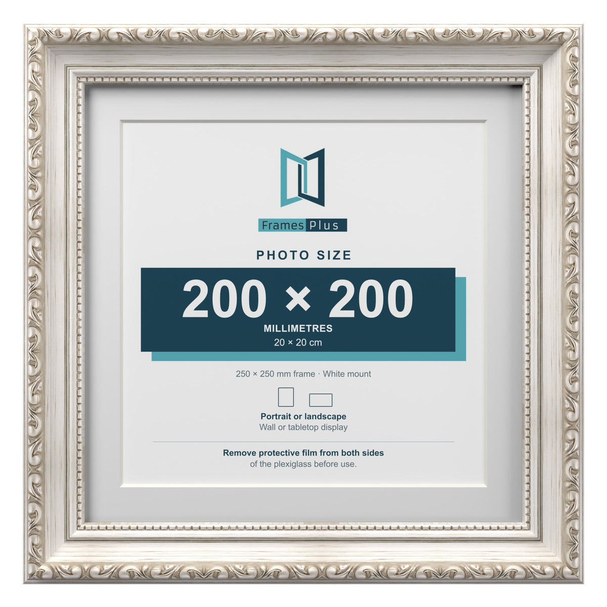Louis Range Silver Picture, Photo & Poster Frame with White Mount - 25x25cm Frame for 20x20cm Photo, Silver