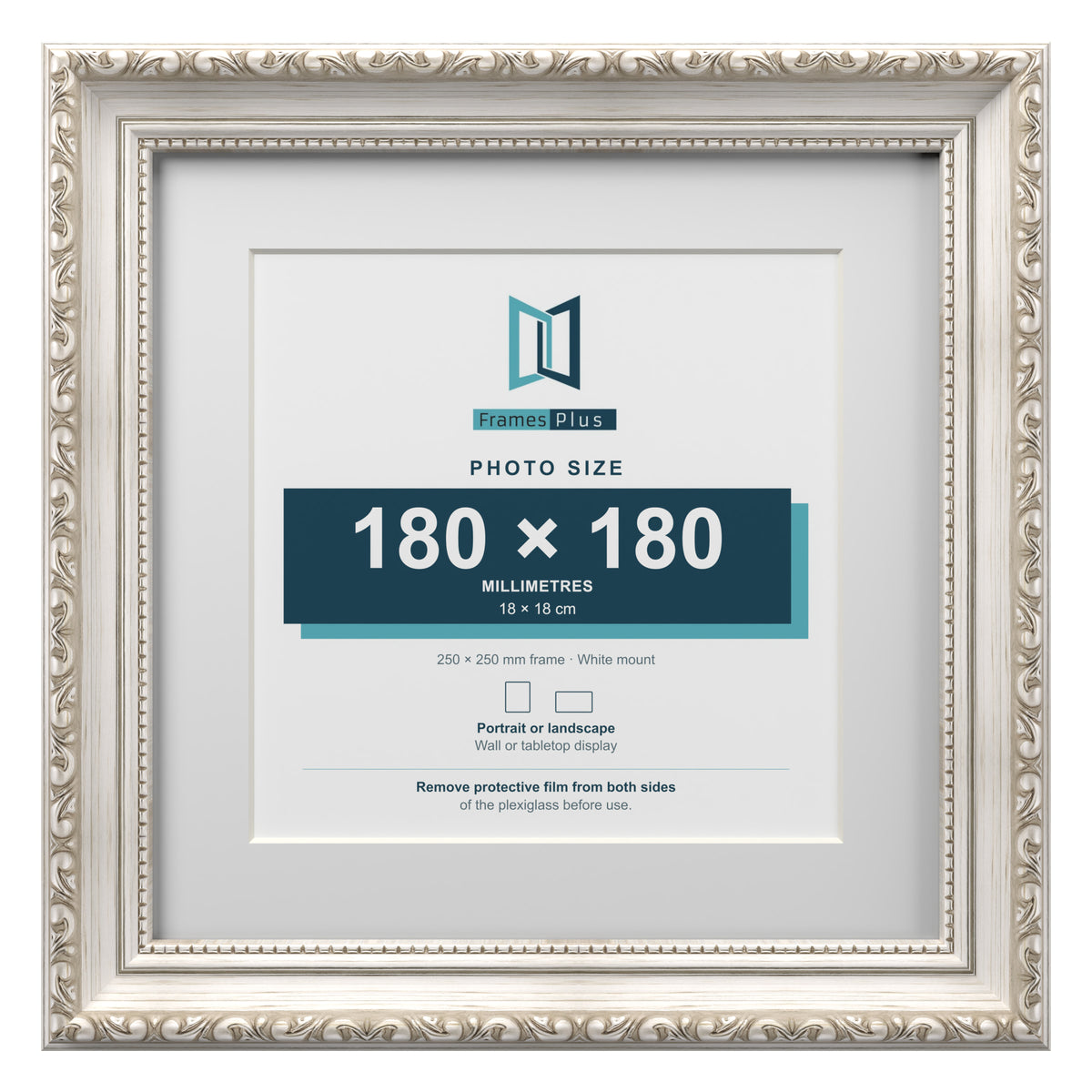 Louis Range Silver Picture, Photo & Poster Frame with White Mount - 25x25cm Frame for 18x18cm Photo, Silver