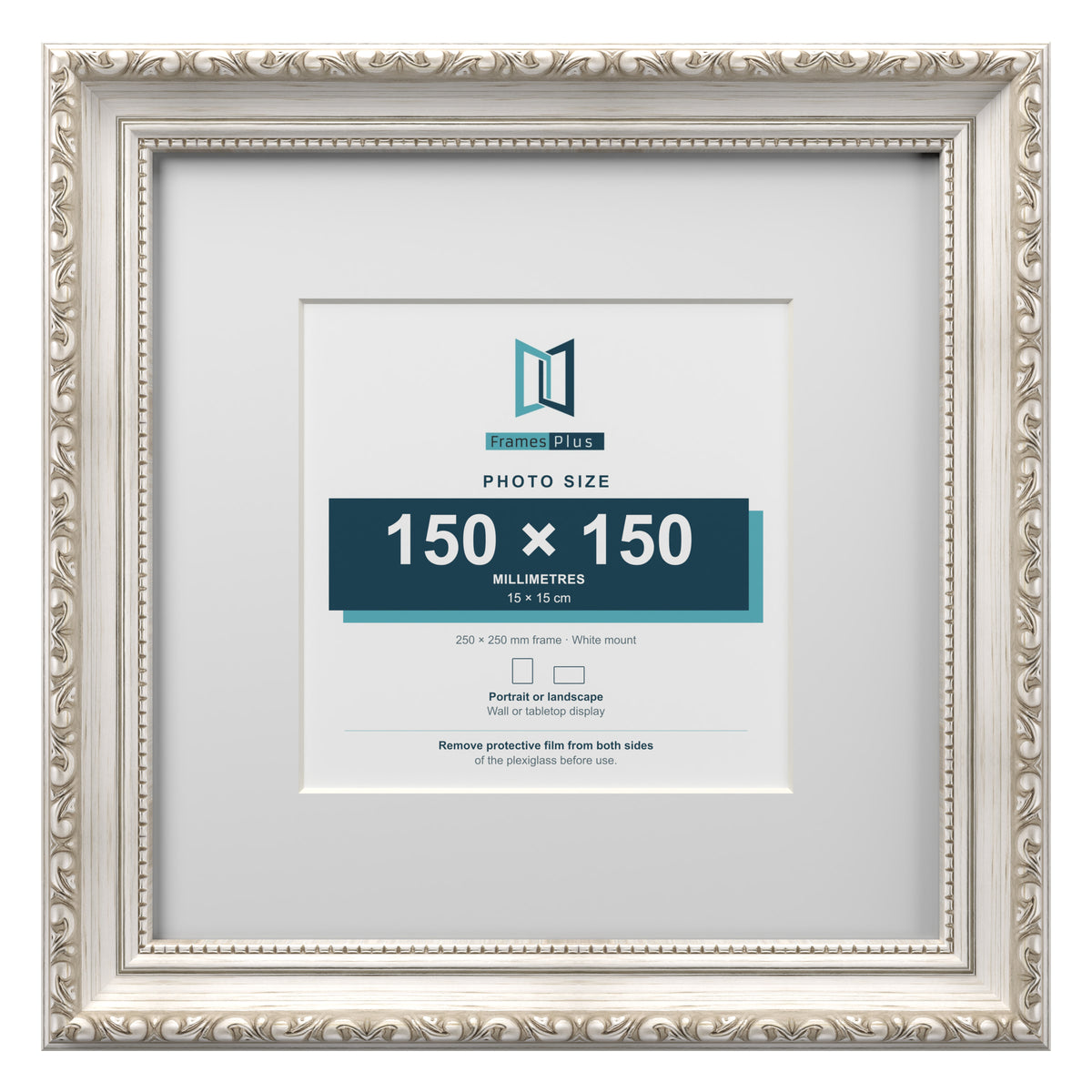Louis Range Silver Picture, Photo & Poster Frame with White Mount - 25x25cm Frame for 15x15cm Photo, Silver