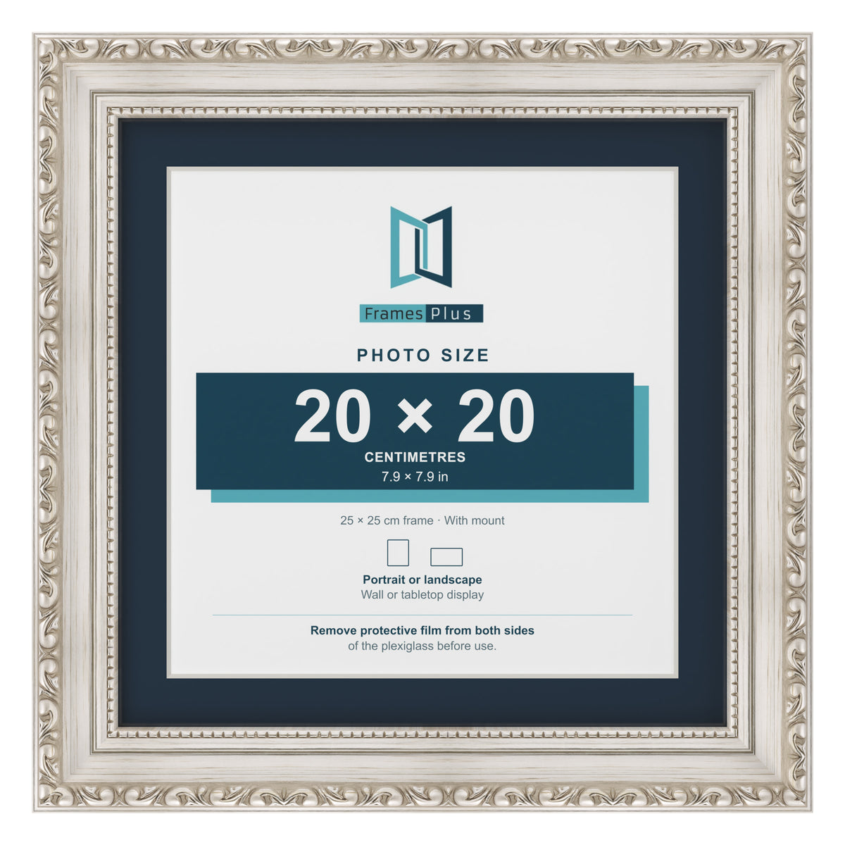Louis Range Silver Picture, Photo & Poster Frame with Pacific Blue Mount - 25x25cm Frame for 20x20cm Photo, Silver