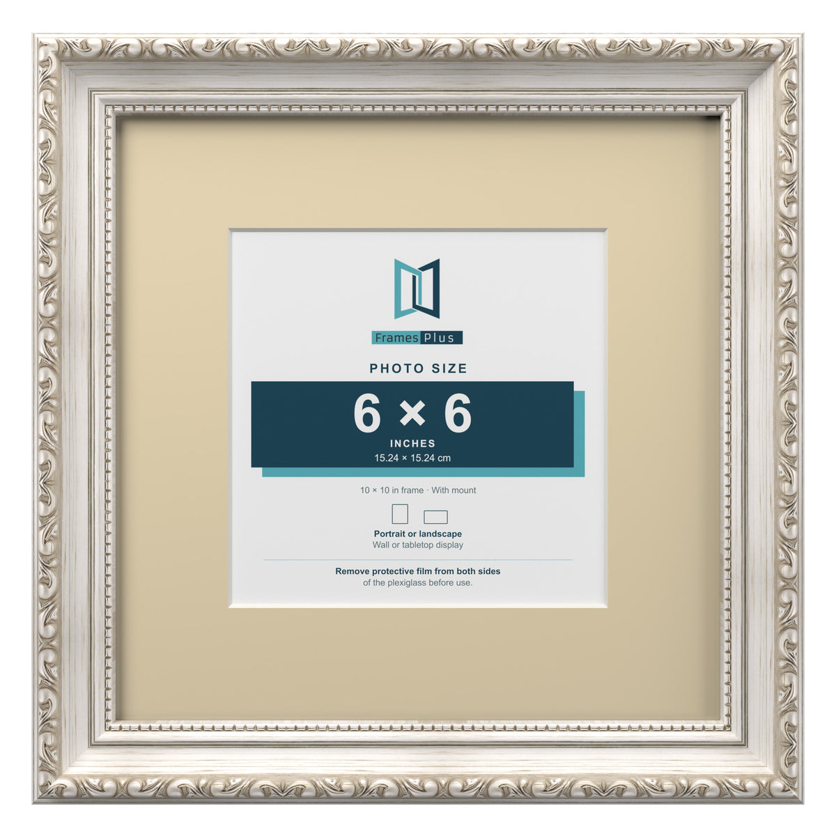 Louis Range Silver Picture, Photo & Poster Frame with Ivory Mount - 10x10" Frame for 6x6" Photo, Silver