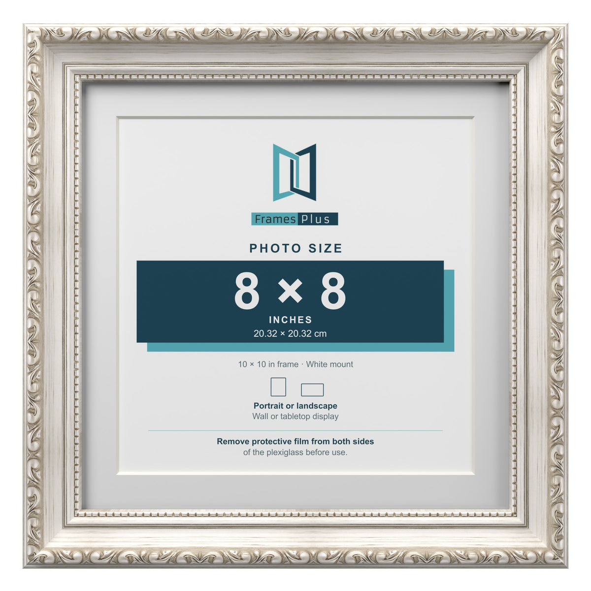 Louis Range Silver Picture, Photo & Poster Frame with White Mount - 10x10" Frame for 8x8" Photo, Silver