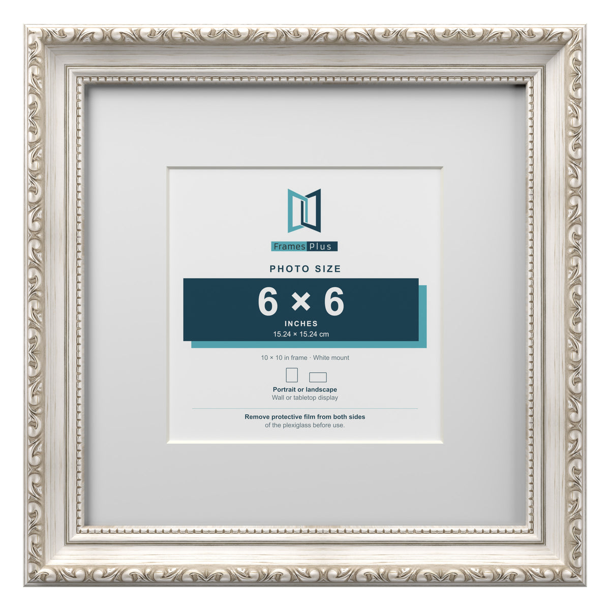 Louis Range Silver Picture, Photo & Poster Frame with White Mount - 10x10" Frame for 6x6" Photo, Silver