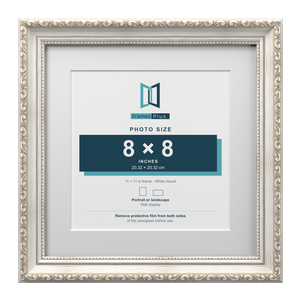 Louis Range Silver Picture, Photo & Poster Frame with White Mount - 11x11" Frame for 8x8" Photo, Silver