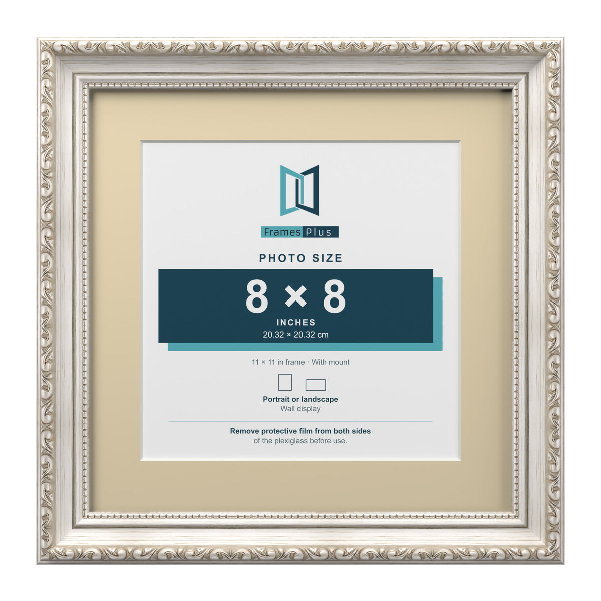 Louis Range Silver Picture, Photo & Poster Frame with Ivory Mount - 11x11" Frame for 8x8" Photo, Silver