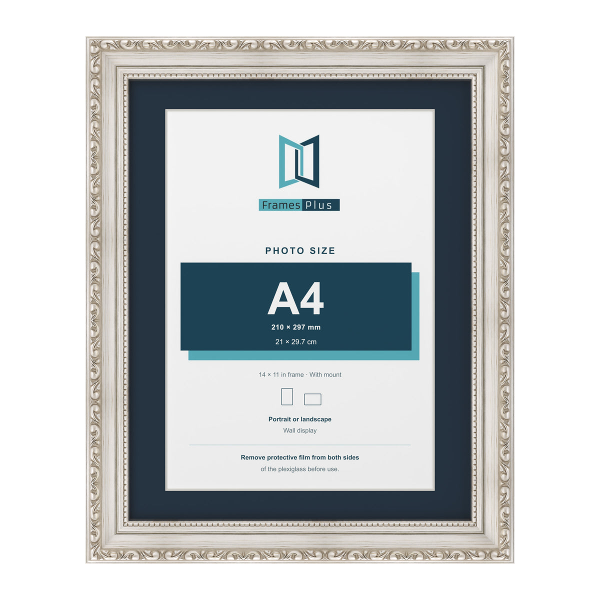 Louis Range Silver Picture, Photo & Poster Frame with Pacific Blue Mount - 14x11" Frame for A4 Photo, Silver
