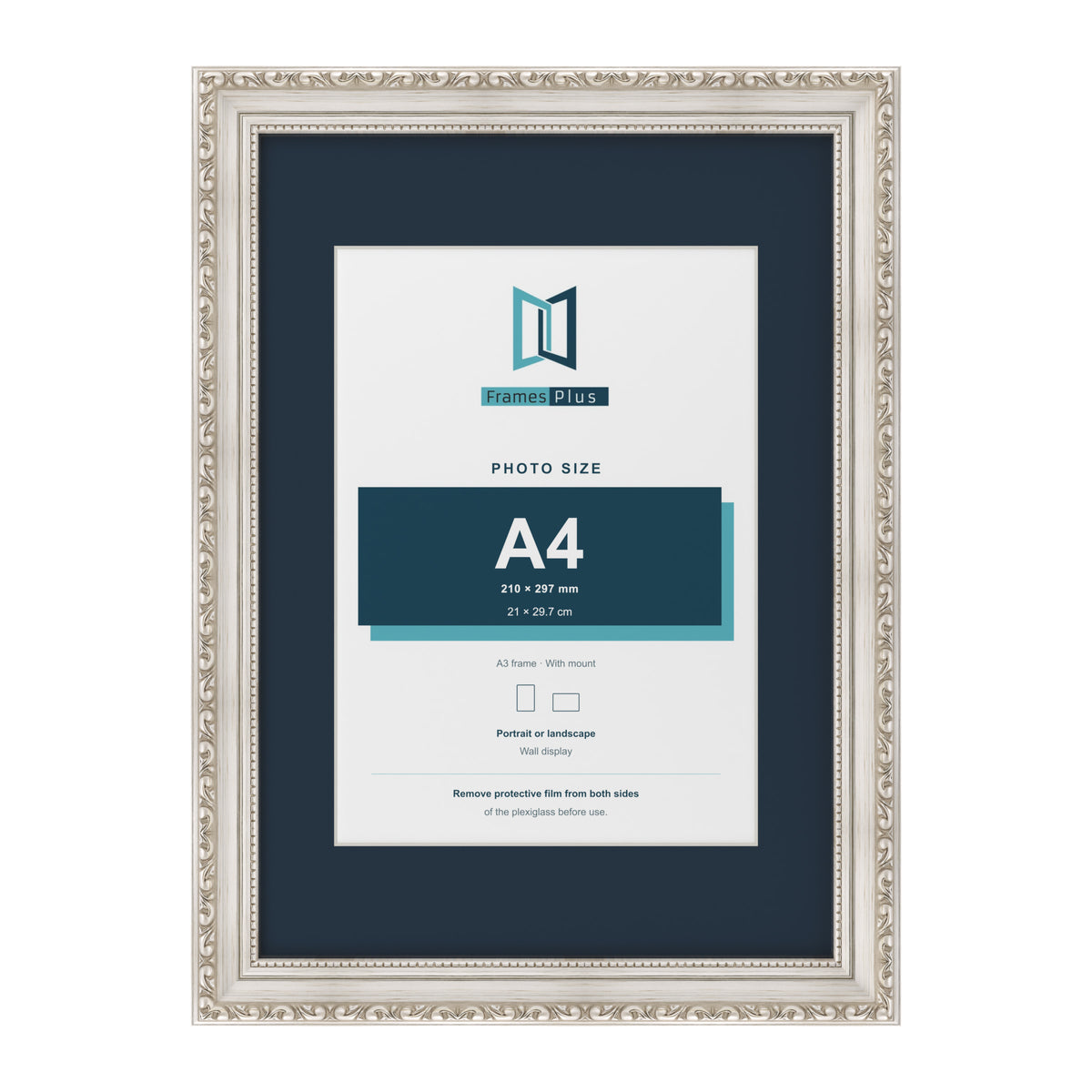 Louis Range Silver Picture, Photo & Poster Frame with Pacific Blue Mount - A3 Frame for A4 Photo, Silver