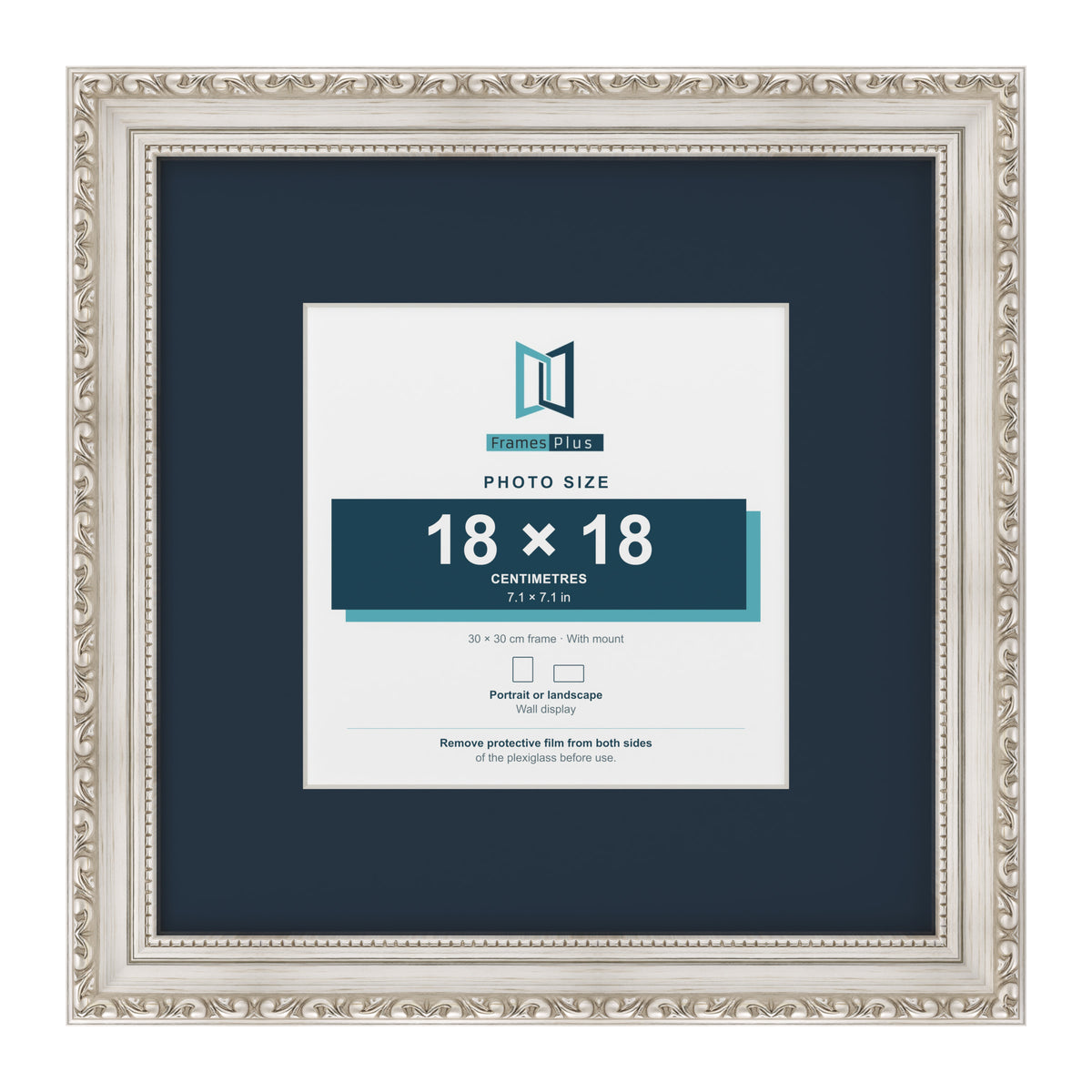 Louis Range Silver Picture, Photo & Poster Frame with Pacific Blue Mount - 30x30cm Frame for 18x18cm Photo, Silver