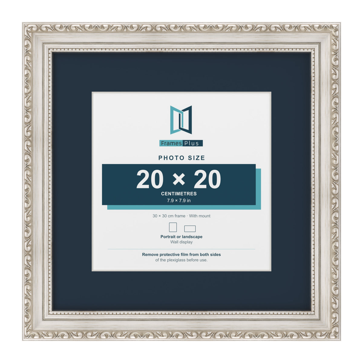 Louis Range Silver Picture, Photo & Poster Frame with Pacific Blue Mount - 30x30cm Frame for 20x20cm Photo, Silver
