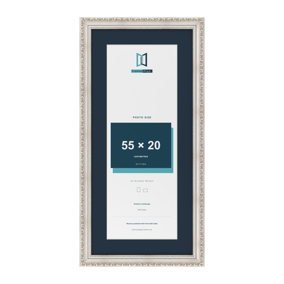Louis Range Silver Picture, Photo & Poster Frame with Pacific Blue Mount - 65x30cm Frame for 55x20cm Photo, Silver