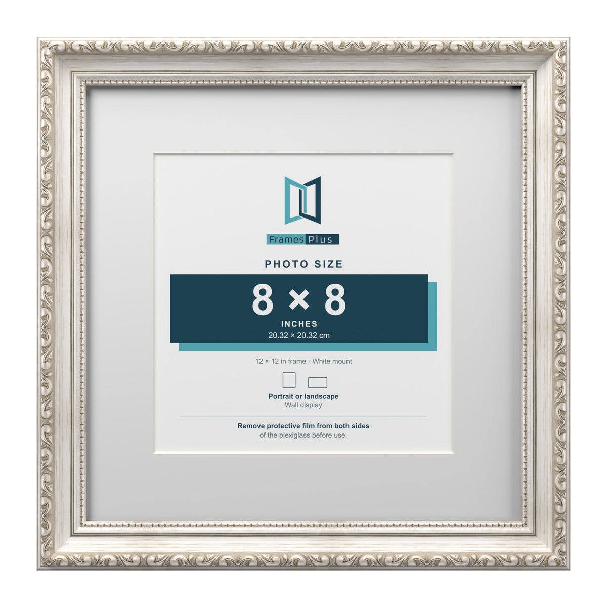 Louis Range Silver Picture, Photo & Poster Frame with White Mount - 12x12" Frame for 8x8" Photo, Silver