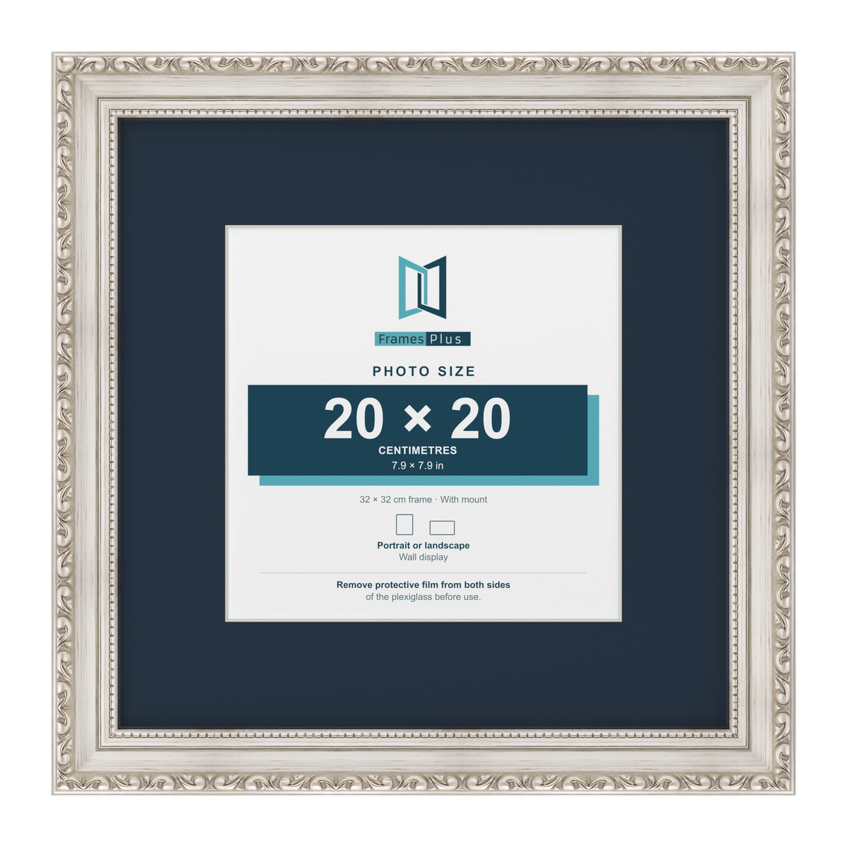 Louis Range Silver Picture, Photo & Poster Frame with Pacific Blue Mount - 32x32cm Frame for 20x20cm Photo, Silver