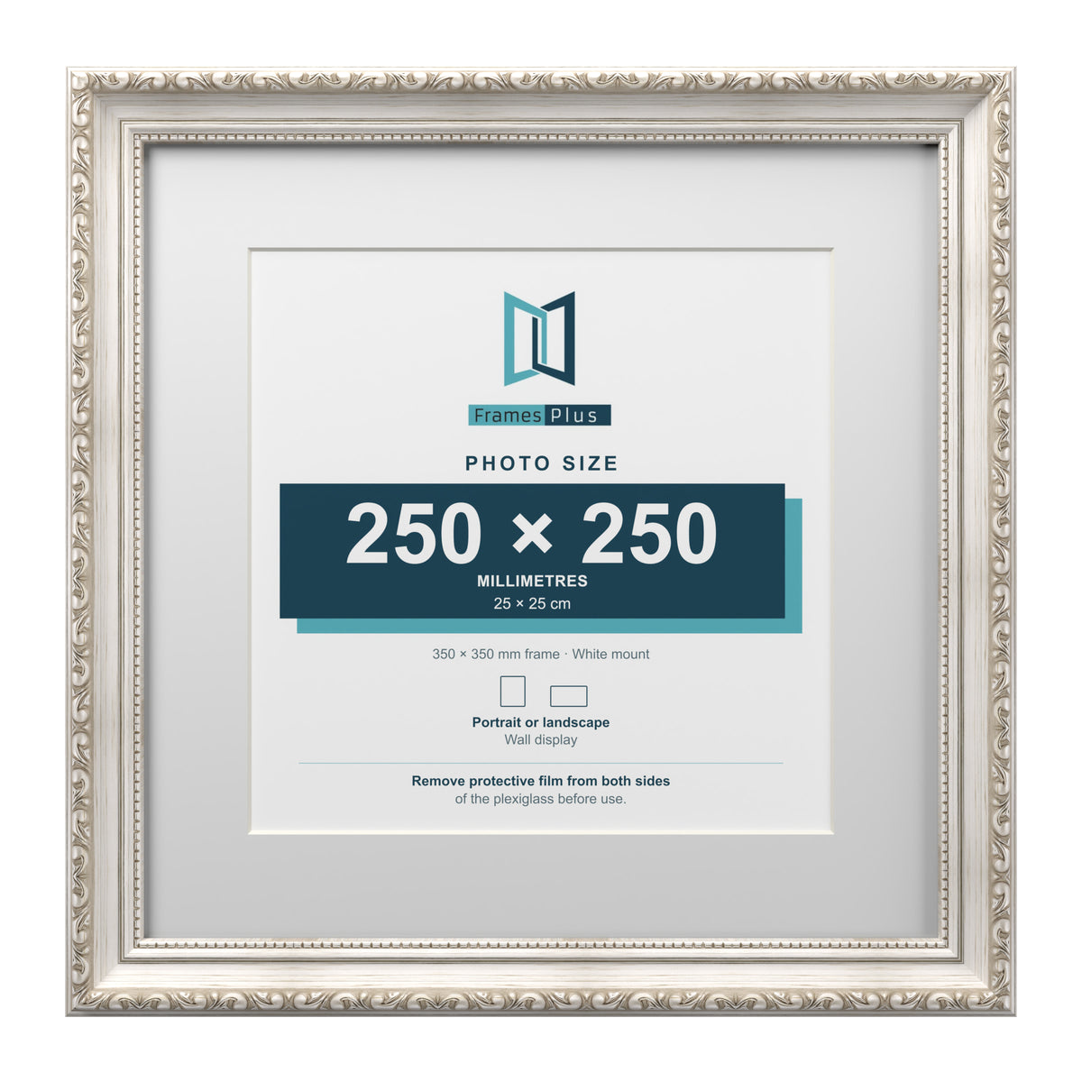 Louis Range Silver Picture, Photo & Poster Frame with White Mount - 35x35cm Frame for 25x25cm Photo, Silver
