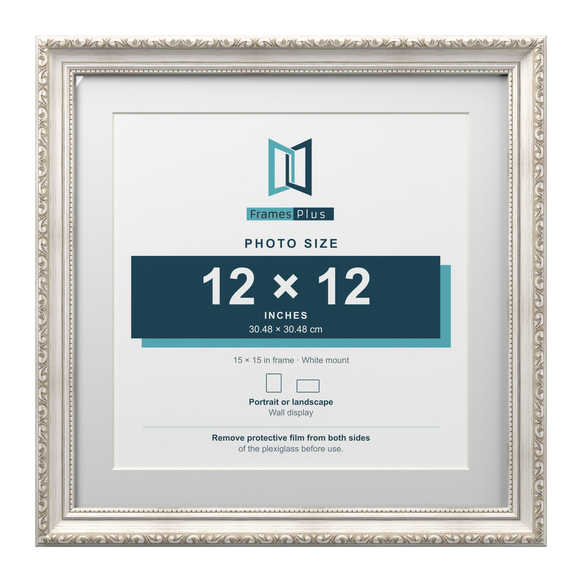 Louis Range Silver Picture, Photo & Poster Frame with White Mount - 15x15" Frame for 12x12" Photo, Silver