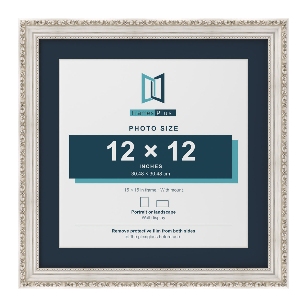 Louis Range Silver Picture, Photo & Poster Frame with Pacific Blue Mount - 15x15" Frame for 12x12" Photo, Silver