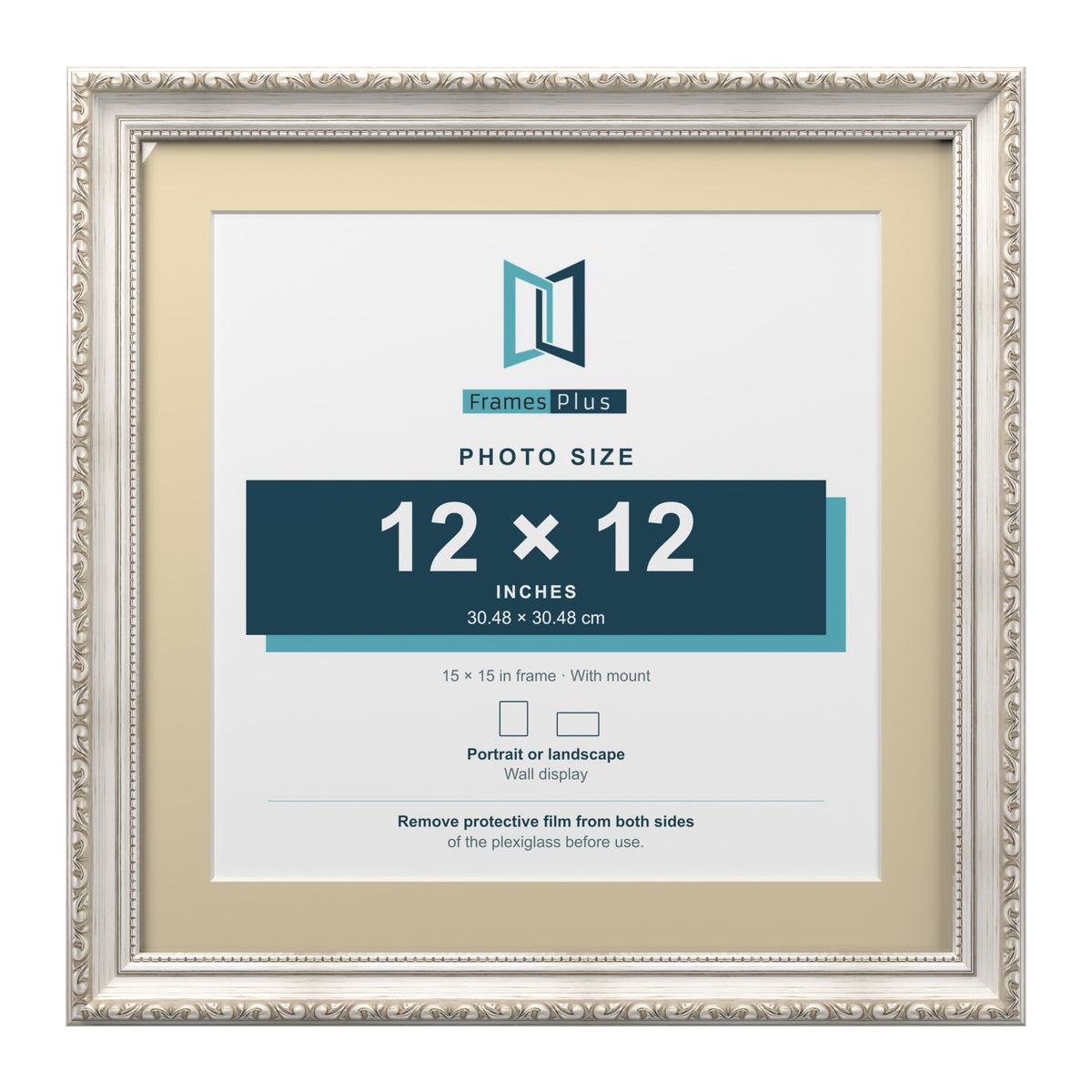 Louis Range Silver Picture, Photo & Poster Frame with Ivory Mount - 15x15" Frame for 12x12" Photo, Silver